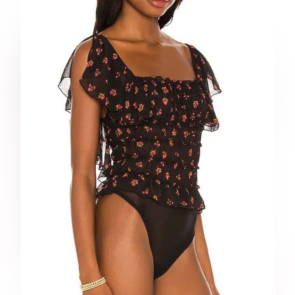 FREE PEOPLE INTIMATELY black floral Juliet sheer ruffle bodysuit smocked thong M